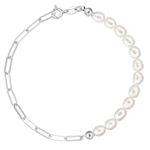 925 Sterling Silver Necklace and Bracelet Set with Natural Pearls and Paperclip Chain