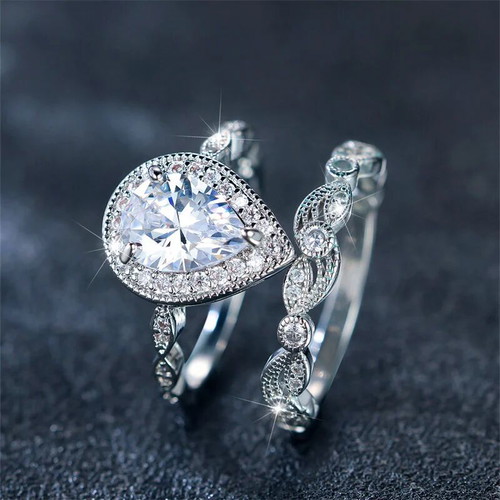 Set of rings tear-shaped solitaire and wedding band platinum plated silver 925 new