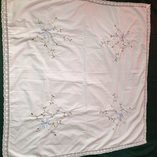 Vintage white tablecloth with floral embroidery and lace trim, 117x115cm