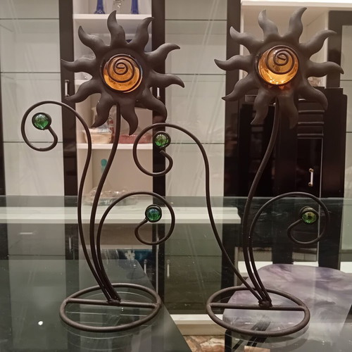 Decorative candle holders set of two used, wrought iron sun design