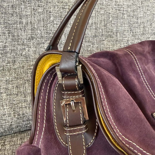 KEM suede and leather handbag used, purple and yellow
