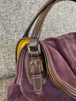 KEM suede and leather handbag used, purple and yellow