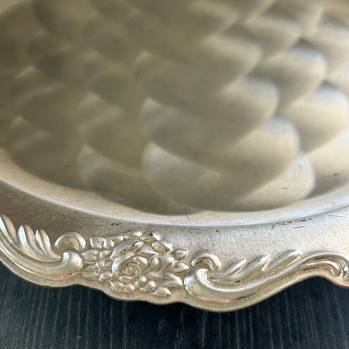 Vintage serving tray used, silver color with carved baroque design