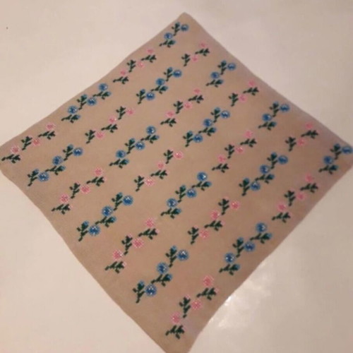 Handmade table runner beige with blue, green and pink embroidery