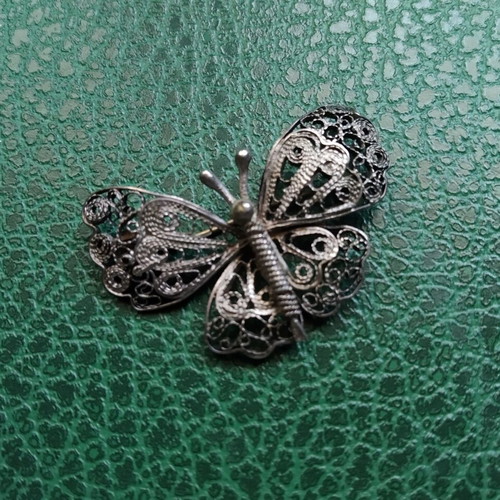 Filigree butterfly brooch used, silver color