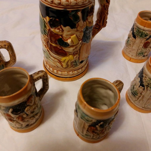 Faience pitcher and glasses set used, pitcher 19 cm, glasses 10 cm