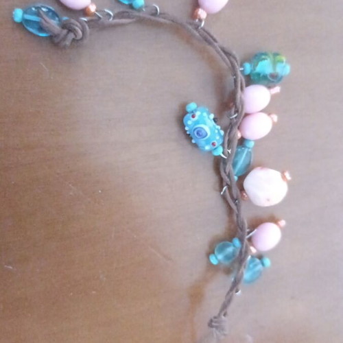 Boho bracelet used, 21 cm, pink and turquoise leather cord