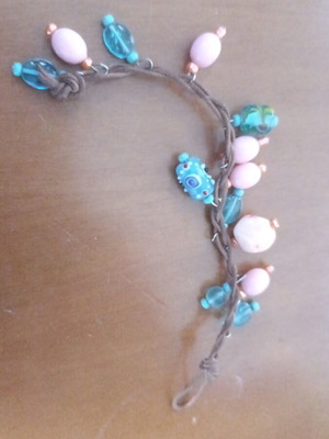 Boho bracelet used, 21 cm, pink and turquoise leather cord