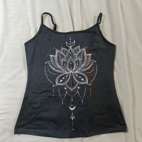 Shein women's top with adjustable straps, like new, black with white lotus design