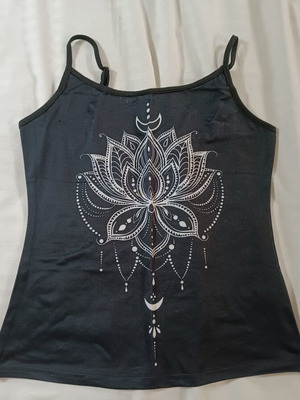 Shein women's top with adjustable straps, like new, black with white lotus design