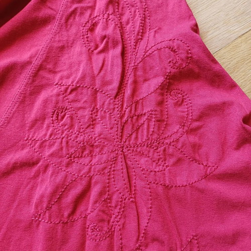 Asymmetric summer skirt used, red with floral embroidery, midi