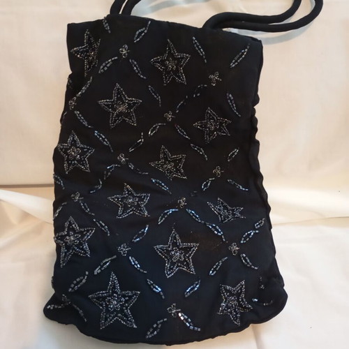 Vintage hand-beaded black evening shoulder bag with silver stars