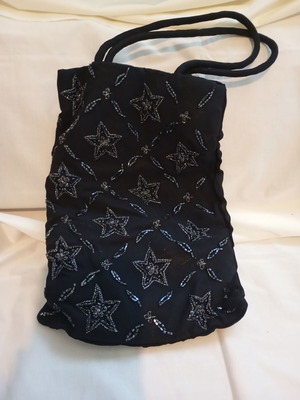 Vintage hand-beaded black evening shoulder bag with silver stars