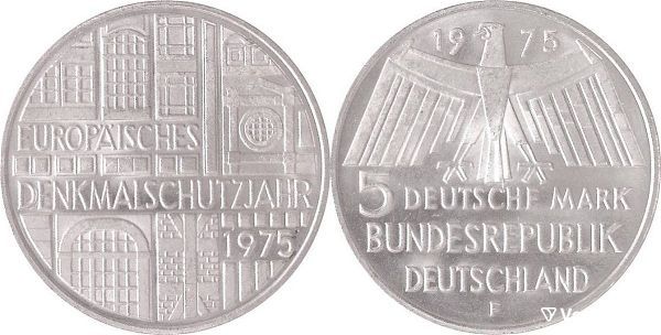  5 Deutsche Mark 1975 Europäisches Denkmalschutzjahr .
