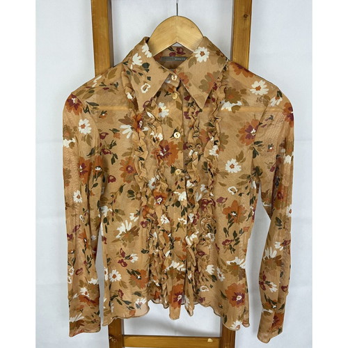 Vintage sheer shirt with floral design and ruffle, like new, brown