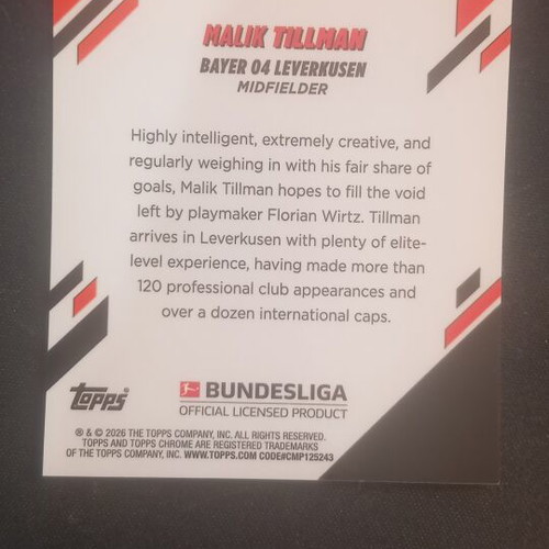 Malik Tillman Topps Chrome Bundesliga card
