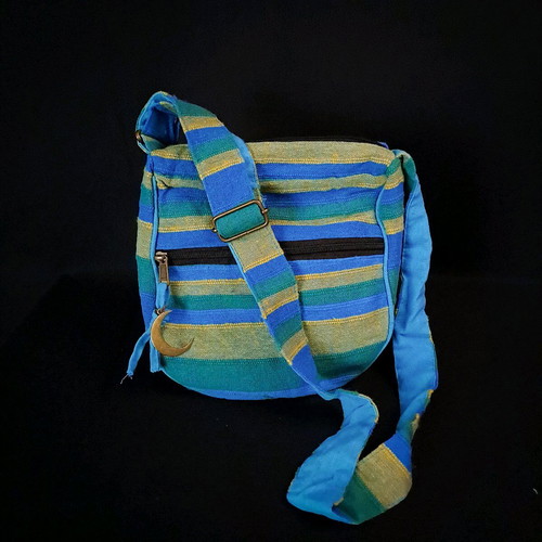Cotton sling bag turquoise blue with copper moon charm new