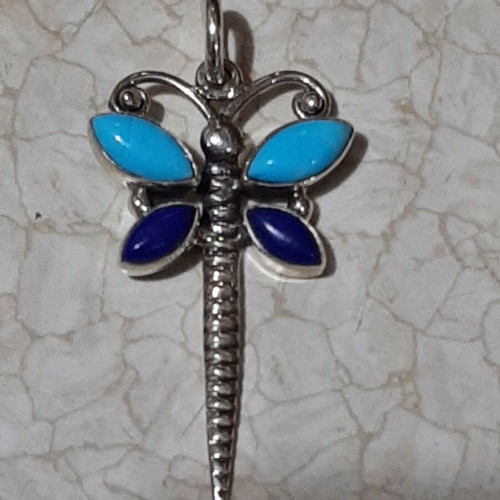 Dragonfly pendant sterling silver 925 with lapis lazuli and authentic turquoise new