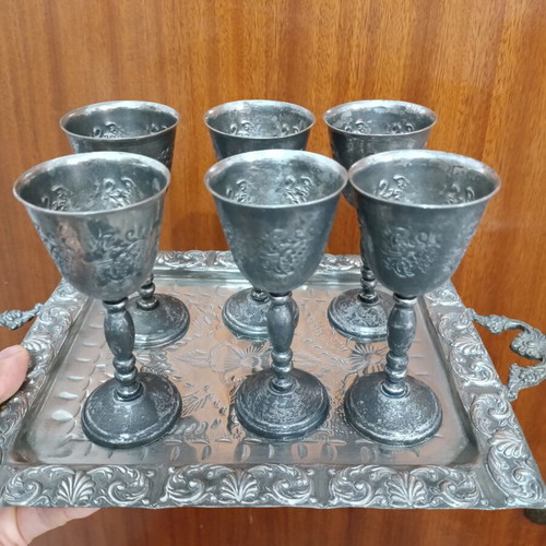 Vintage liqueur set of 6 with embossed tray