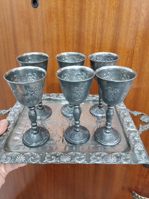 Vintage liqueur set of 6 with embossed tray