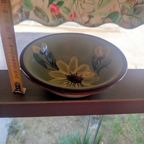 Handmade clay bowl with painted flowers, 15x5 cm