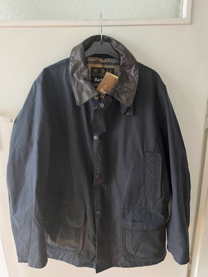 Barbour Westdale Wax Jacket new, navy with leather collar and trim, size L