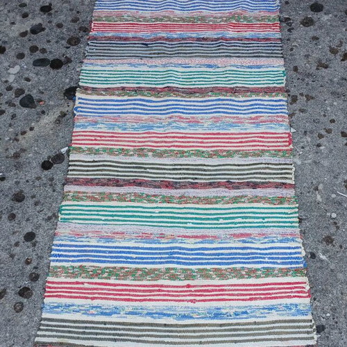 Handmade woven rag rug used, colorful stripes, 2.50m x 0.67m