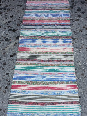 Handmade woven rag rug used, colorful stripes, 2.50m x 0.67m