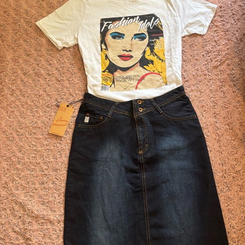 Cotton set with denim skirt and printed cotton t-shirt new, size M