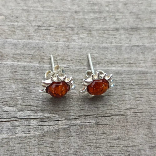 Silver Earrings with Baltic Amber Sun Design new