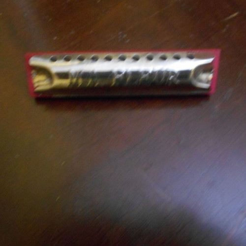 Wooden double tambourine used, diameters 16 and 13 cm with 3 unused Czechoslovak harmonicas from 1950s
