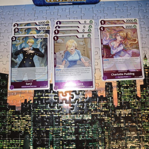 One Piece purple card pack with Sanji, Vinsmoke Sora, Charlotte Pudding