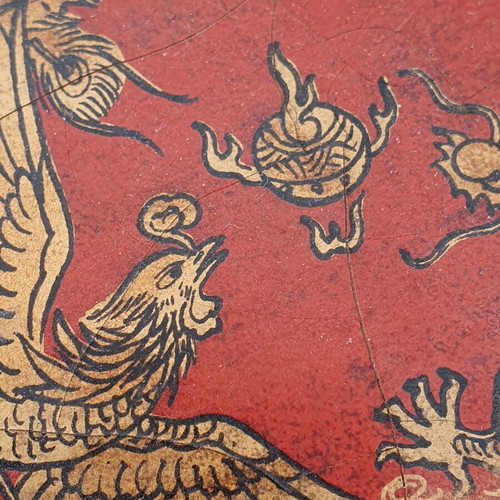 Vintage Chinese Red Lacquered Leather Box with Gilded Dragon and Phoenix