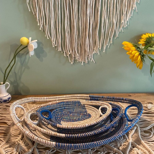 Set of woven fruit bowls from Africa new, white-blue, 3 pieces