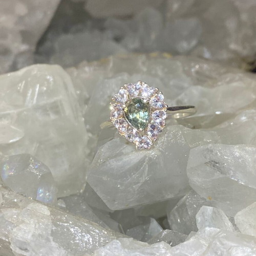 Silver Ring with Natural Green Tourmaline and Moissanite, new