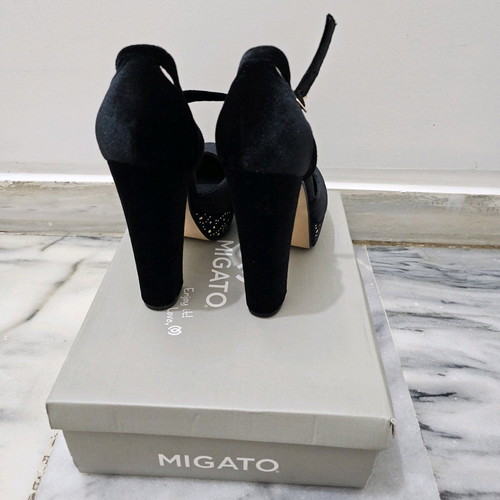Migato closed black velvet pumps 12cm with ankle strap and studs