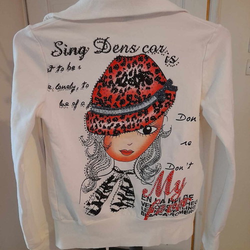 Hello Kiss white women's zip-up sweatshirt with pop art back design, size S