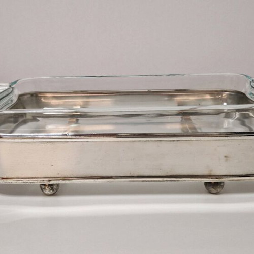 Vintage silver-plated tray with Pyrex used, with base and lid