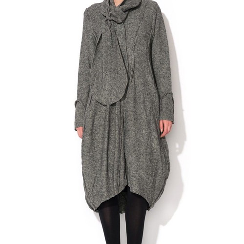 Felted wool avant-garde asymmetrical knitted dress cardigan with balloon silhouette and scarf collar, grey melange, size M