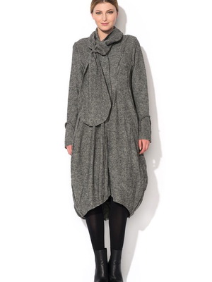 Felted wool avant-garde asymmetrical knitted dress cardigan with balloon silhouette and scarf collar, grey melange, size M