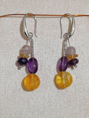 Silver earrings handmade 925 with amethyst and semi-precious yellow stone new