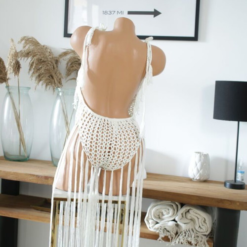 Beachwear one-piece new, white with braided pattern and tassels