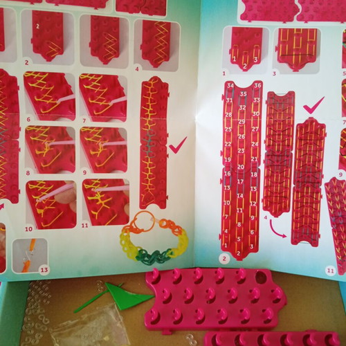 Bracelet making set used with beads and tools, includes Lego bracelet