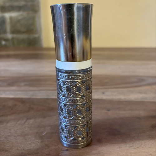 Mon Boudoir vintage perfume bottle used, metal with embossed design
