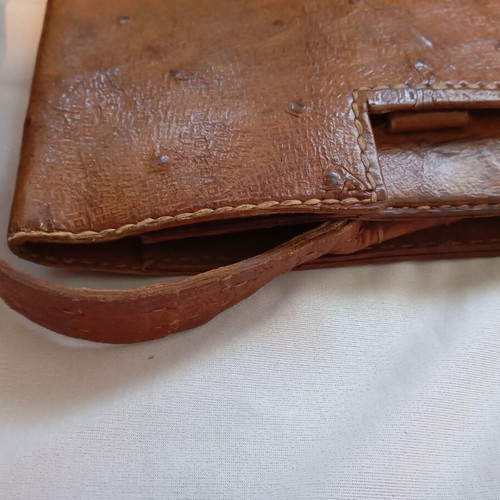 Vintage Ostrich Leather Shoulder Bag, Genuine Embossed Skin, Brown