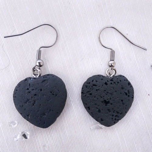 Heart earrings made of black lava new with stainless steel hooks