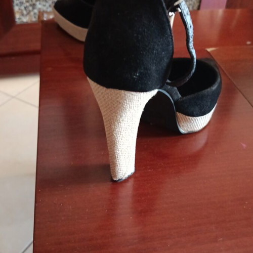Black suede heels with woven platform, size 39, like new