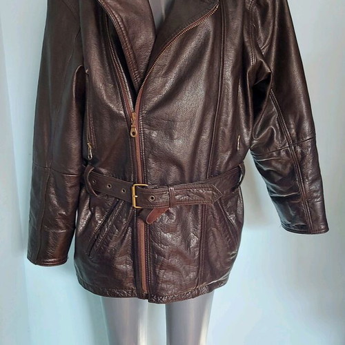Men's biker parka jacket used, brown, natural leather