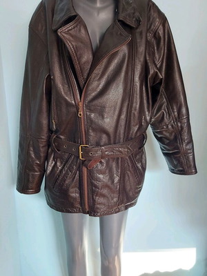 Men's biker parka jacket used, brown, natural leather