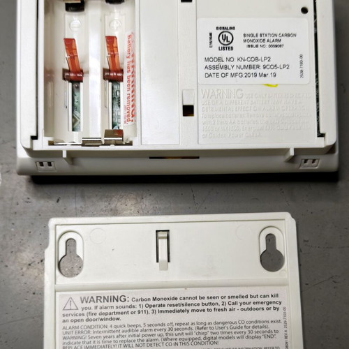 Carbon monoxide alarm used, model KN-COB-LP2, battery powered